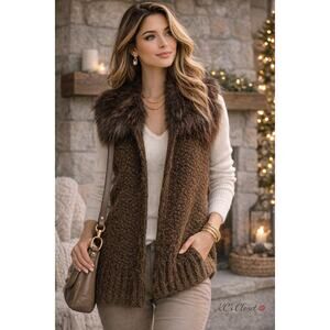 LOFT Brown Bouclé Knit Sweater Vest w/ Faux Fur Trim Collar Size Small